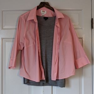 Pink collared shirt and grey sweater/shirt